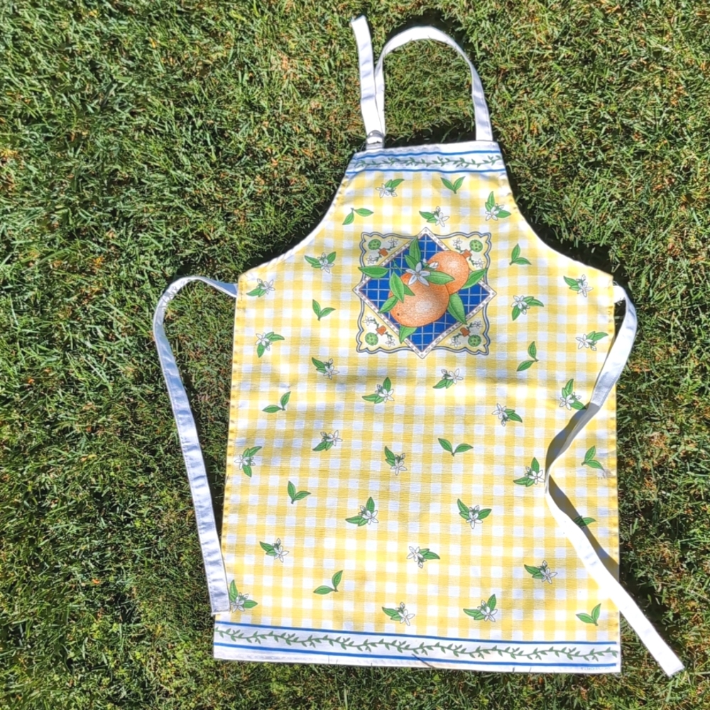 Yellow Gingham Apron w Orange Blossoms EUC